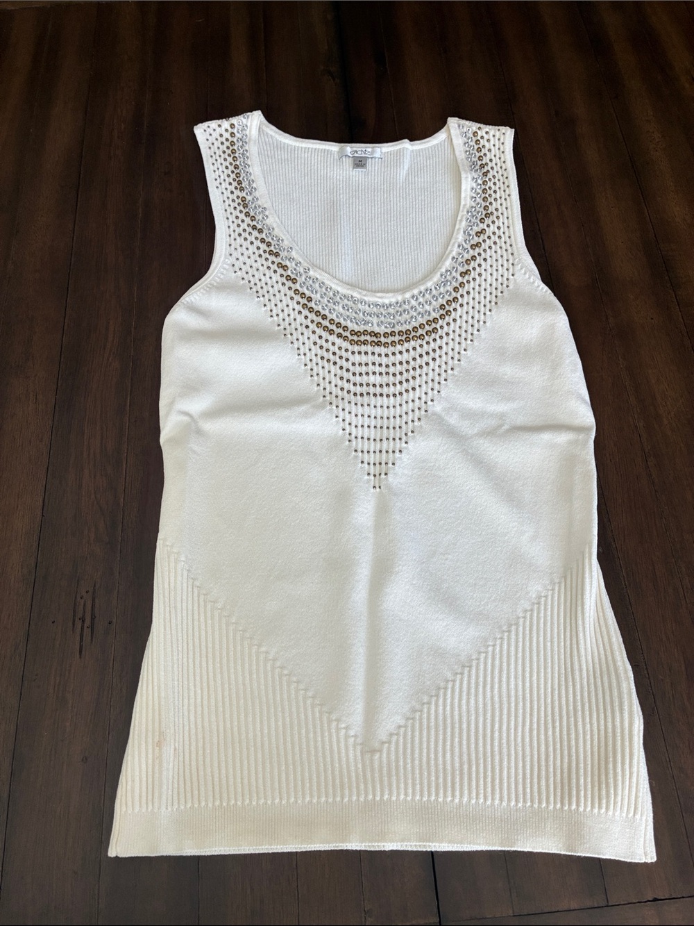 Cache White Tank Top with Gold Studded V-Neck